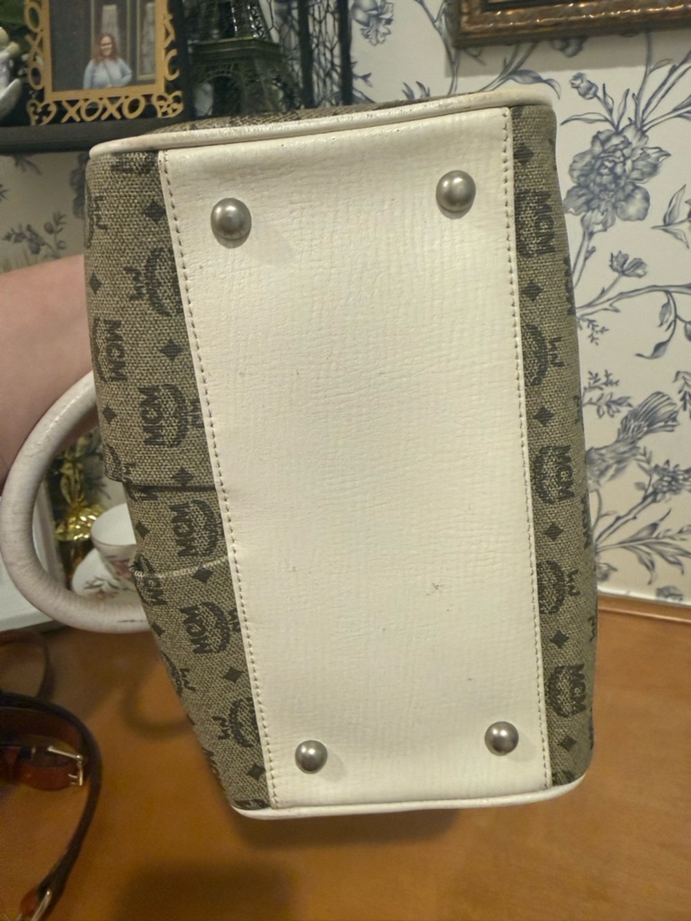 MCM Beige Monogram Mini Satchel with White Trim - Picture 4 of 10